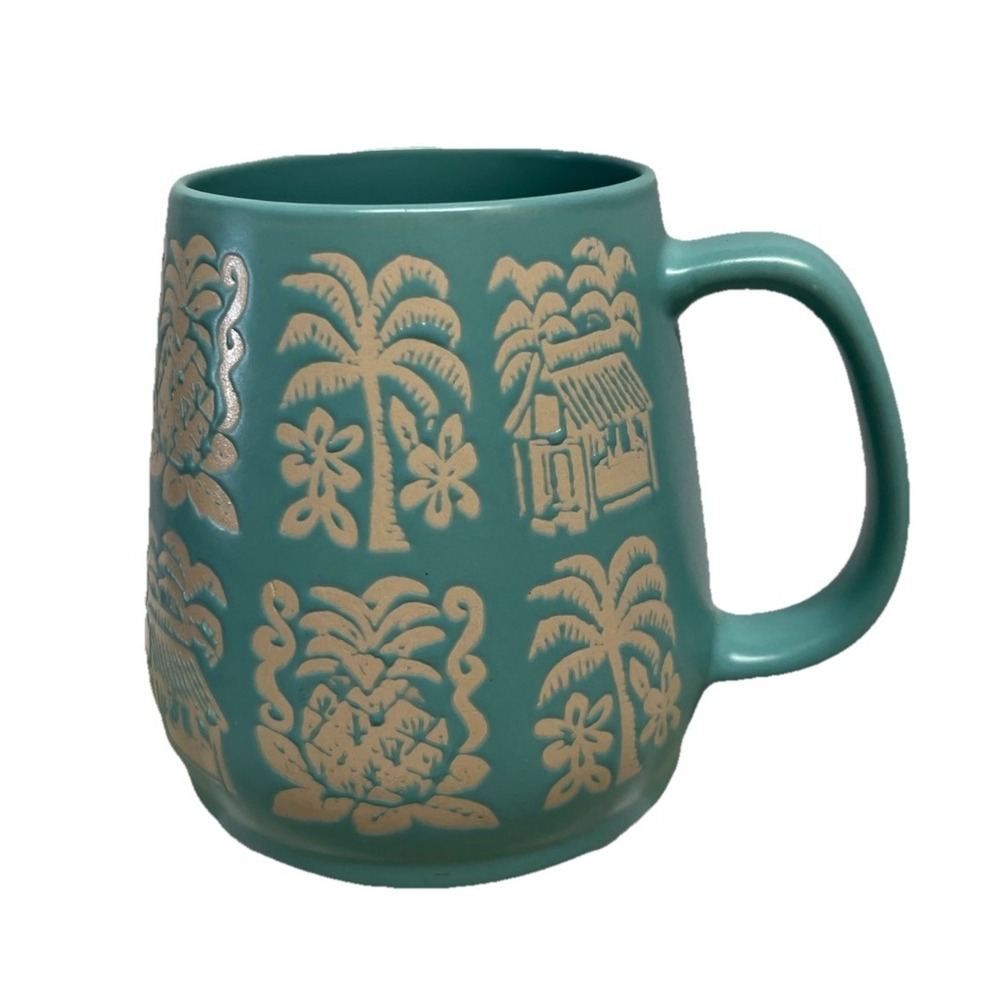 Opalhouse Stoneware Matte Teal Tiki Hut Palm Pineapple Large Coffee Mug 24oz